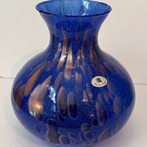 Maestri Vetrai Blown Glass Vase Made In Murano Italy Deep Blue Speckled Copper